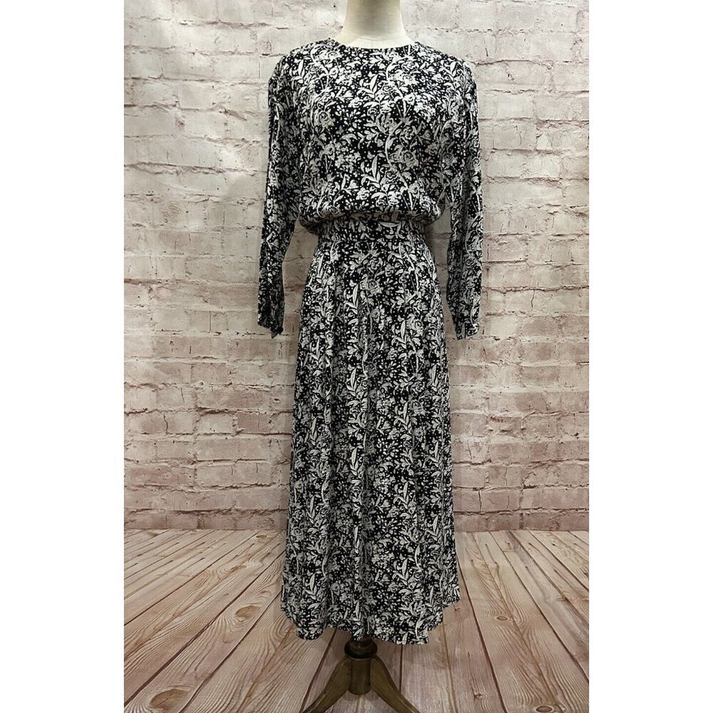Ann Tjian For Kenar 2 VTG 80s Fit & Flair Pleated Dress Sz 6 Rayon Black White